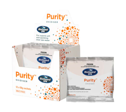 Restore the ultimate brilliance and clarity to your spa water with BioGuard Purity. This patented blend combines advanced oxidising and clarifying agents engineered specifically to target and destroy irritating chloramines and musty chemical odours.

Key Features & Technical Benefits:

Active Composition: Formulated with 372g/kg available chlorine present as sodium dichloroisocyanurate, fortified with 100g/kg sodium tetraborate pentahydrate for water softening properties.

Instant Solubility: A completely soluble powder that dissolves almost immediately upon contact with water to begin breaking down organic material.

Fast Spa Re-Entry: Because it burns off undesirable compounds rapidly without lingering side effects, bathers can safely re-enter the spa just 1 hour after treatment.

Universal Sanitiser Compatibility: Can be used safely as an oxidation shock in both chlorine and bromine-based spa systems.