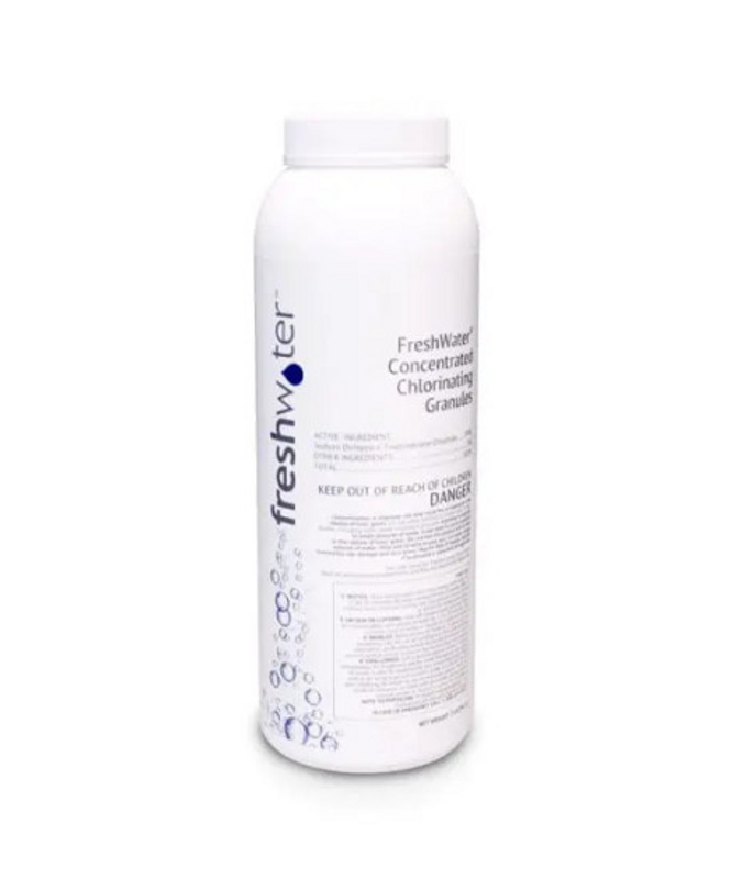 The Freshwater Concentrated Chlorinating Granules is a popular efficient sanitiser that is completely soluble and nearly pH neutral, weighs 907g
