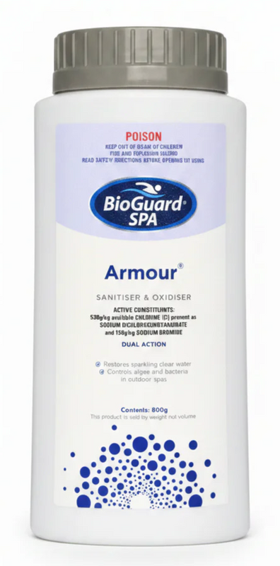 Streamline your water care routine with BioGuard Armour, a powerful, fast-dissolving dual-purpose product that functions simultaneously as a sanitiser and an oxidiser. This granular formula is tailored specifically for the demanding organic loads of outdoor spas.

Key Features & Technical Benefits:

Active Composition: Features 530g/kg available chlorine present as sodium dichloroisocyanurate, paired with 150g/kg sodium bromide.

One-Step System: Eliminates the need to buy and dose separate sanitisers and shock treatments by combining both functions into a single bottle.

Bromine Bank Regeneration: The active chlorine component rapidly converts the sodium bromide into free, sanitising bromine, giving you the heavy-duty sanitising power of bromine with the speed of chlorine.

Zero Pre-Mixing: Totally soluble granules can be applied directly to the spa water without pre-dissolving, instantly controlling bacteria and destroying organic waste.