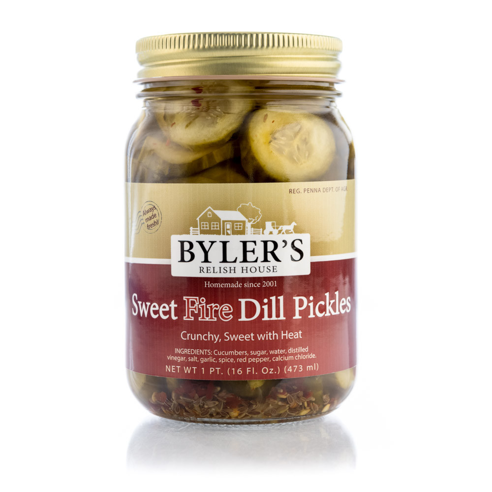 First a gentle dill flavor, then a fiery hot-pepper punch! Crunchy-crisp slices with bright red peppers.
