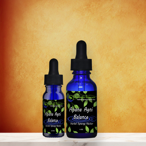 Apana Agni Balance Herbal Synergy Nectar on a marble counter.