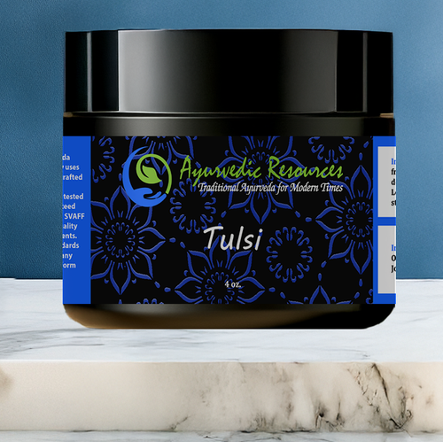 4 oz. Tulsi Transdermal Cream on a marble shelf.