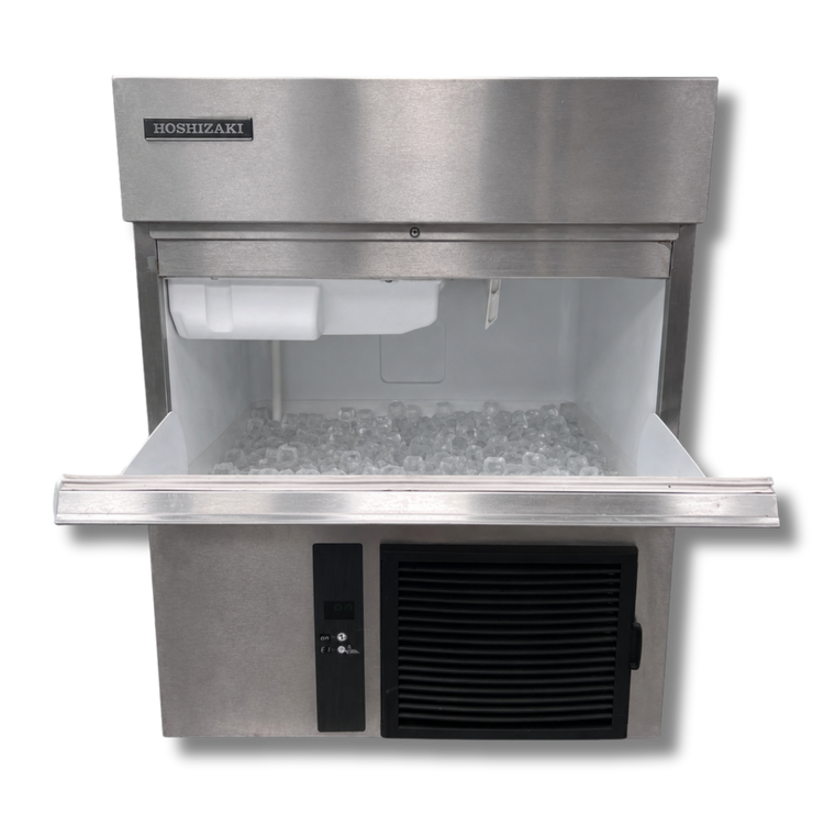 Refurbished Hoshizaki IM 65NE 25 commercial cube ice maker with stainless steel body and built in ice storage bin
