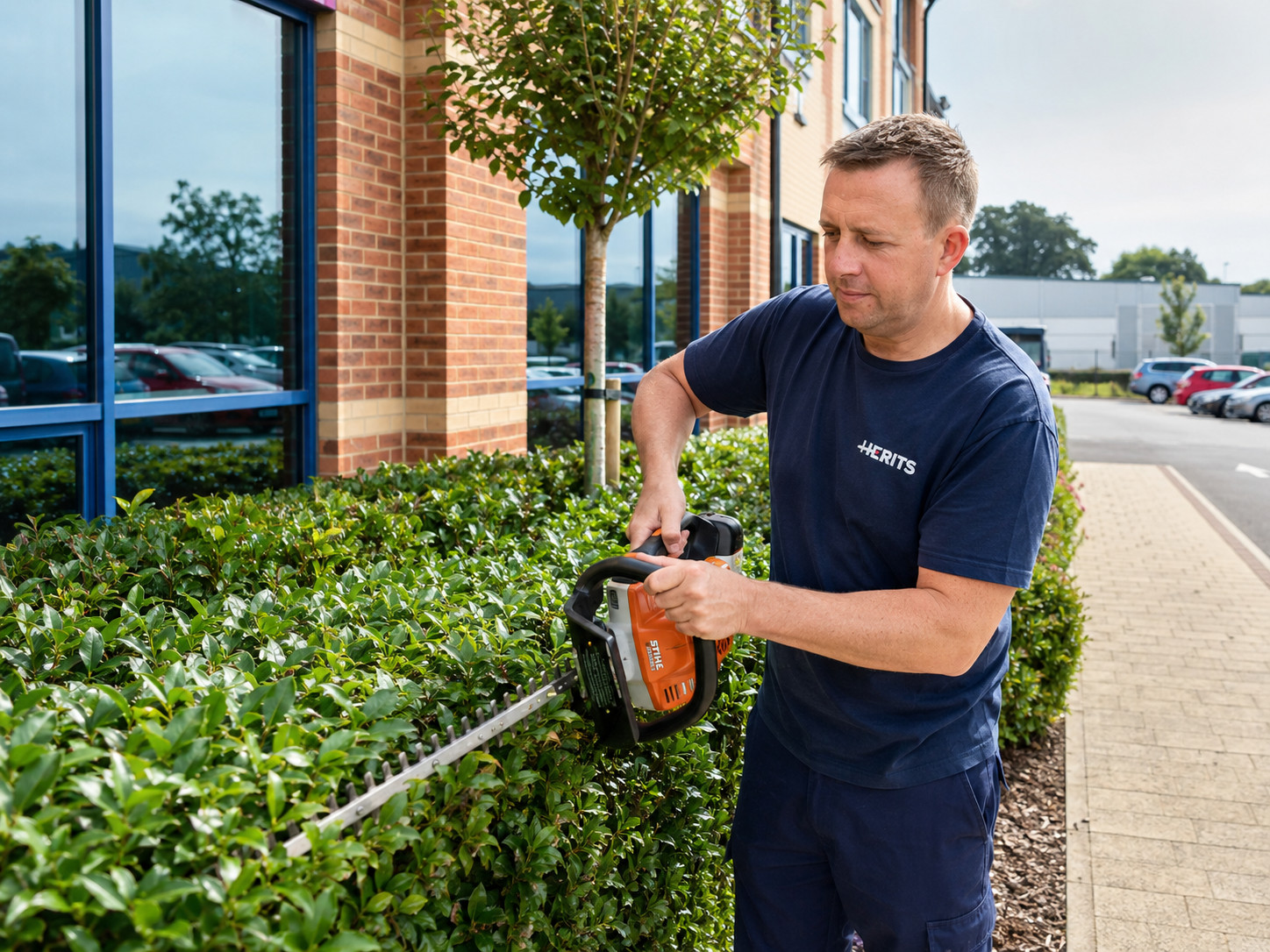 Herits employee trimming hedges outside a commercial property