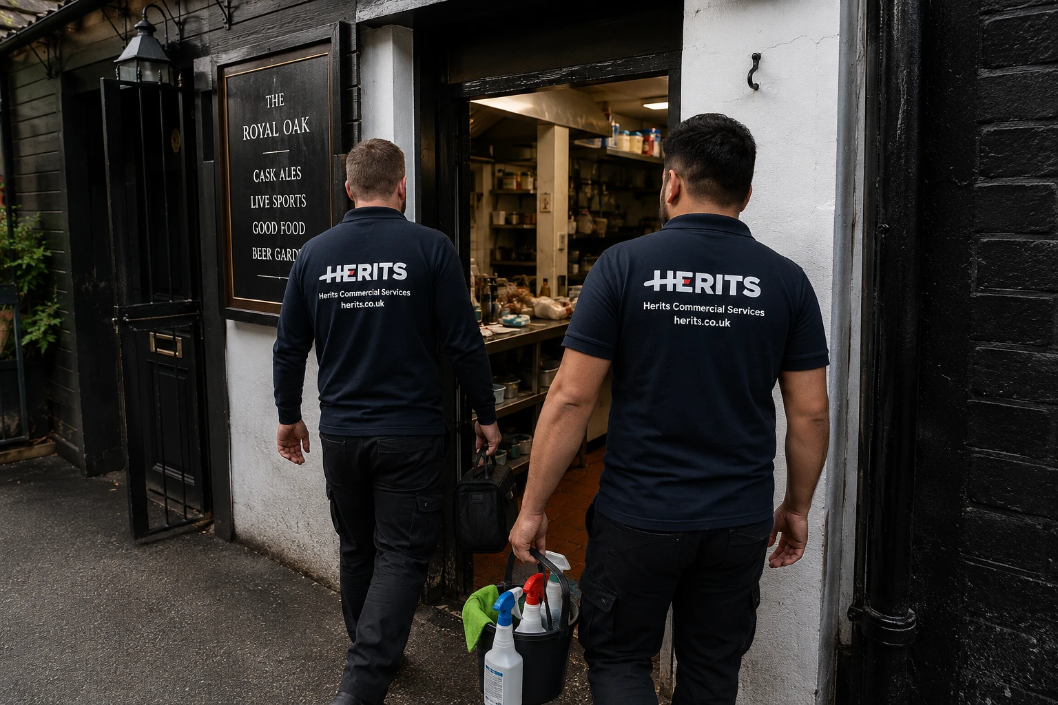 Two Herits Commercial Services employees arriving to clean a traditional British pub kitchen