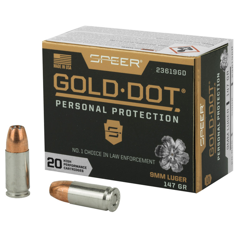 Speer Ammunition Gold Dot Personal Protection 9mm Hollow Points | Ammo | Box Of 20 | 9mm | 147gr | Black / Gold | 23619GD | 9a