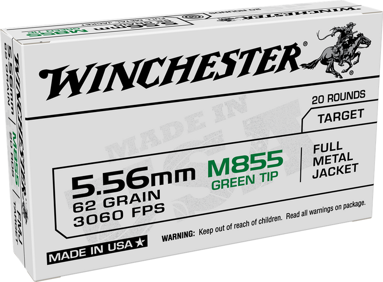 Winchester Ammunition Rifle Ammo | 5.56 NATO | 62 Grain | Full Metal Jacket - Green Tip | 20 Round Box | WM855K