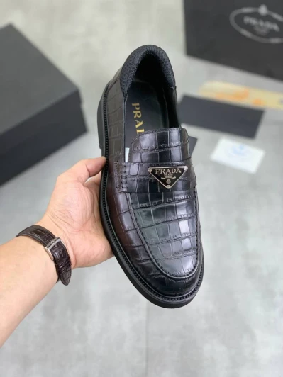Prada Loafers Black Croc Embossed Leather Silver Triangle Logo