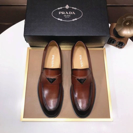Prada Men's Leather Loafers Brown Metal Triangle Logo