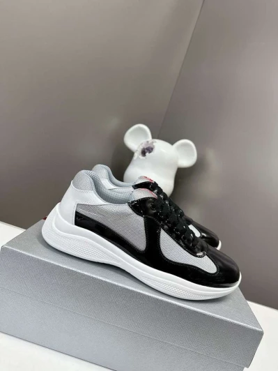 Prada Sneakers Black Patent Leather Mesh White Sole