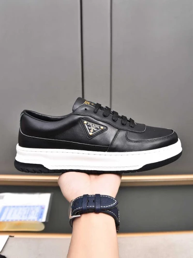 Prada Men's Leather Sneakers Black White Logo Detail
