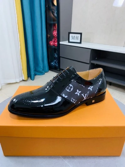 Louis Vuitton Dress Shoes Black Patent Leather Monogram Accent
