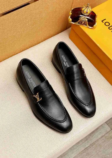 Louis Vuitton Leather Loafers Black Gold LV Buckle