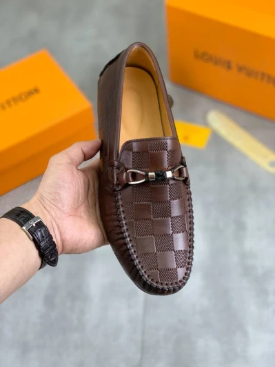 Louis Vuitton Men's Brown Leather Mocassins Checkered Buckle Detail
