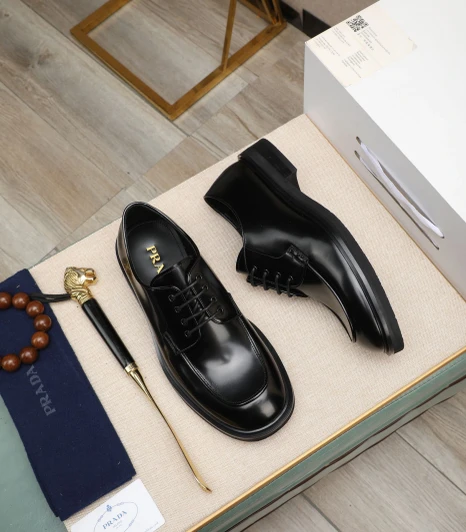 Prada Men's Black Leather Derby Shoes With Buckle Detail