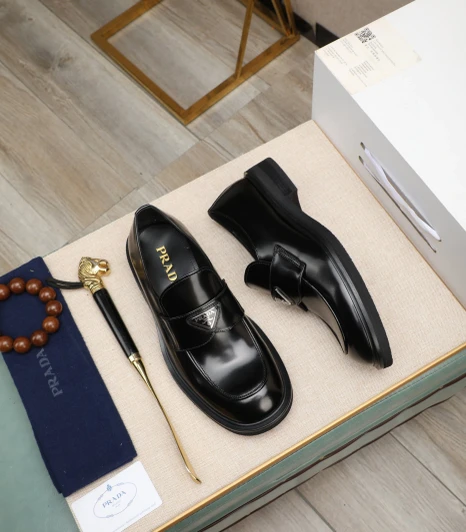Prada Men's Black Leather Loafers With Silver Buckle