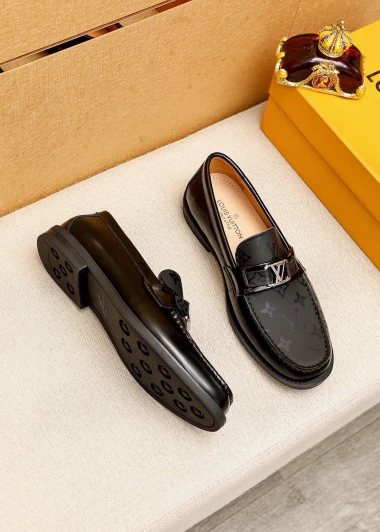 Louis Vuitton Loafers Black Leather Monogram Detail P270