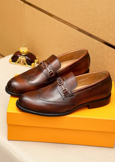 Louis Vuitton Leather Loafers Brown With Gold Buckle P251