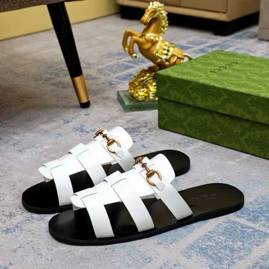 Gucci Slides White Leather Horsebit Detail