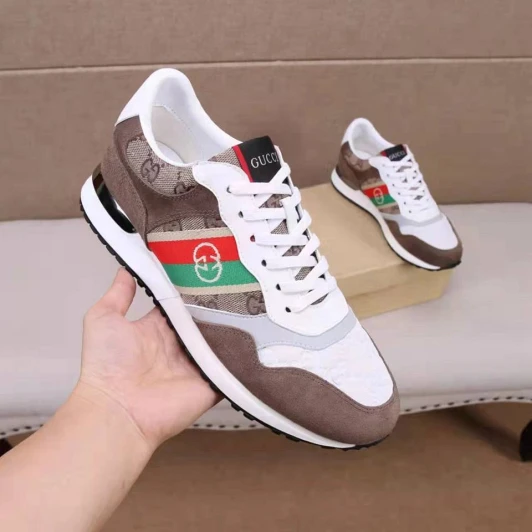 Gucci Men's White Brown Suede Leather Sneakers With Logo Stripes