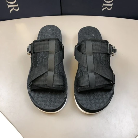 Dior Black Canvas Strap D-Buckle Slide Sandals