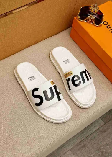 Louis Vuitton Slides White Leather Supreme Logo