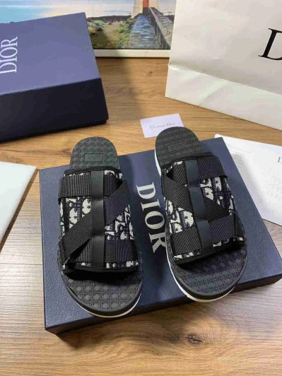 Dior Slides Black White Monogram Strap Sandals