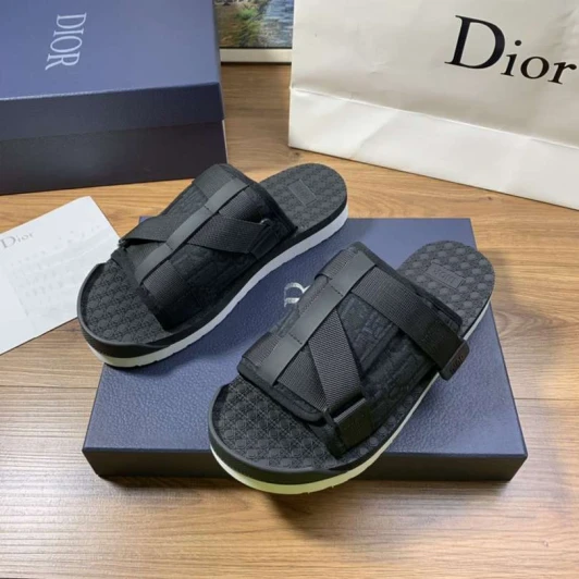 Dior Black Fabric Slide Sandals With D-Buckle Detail