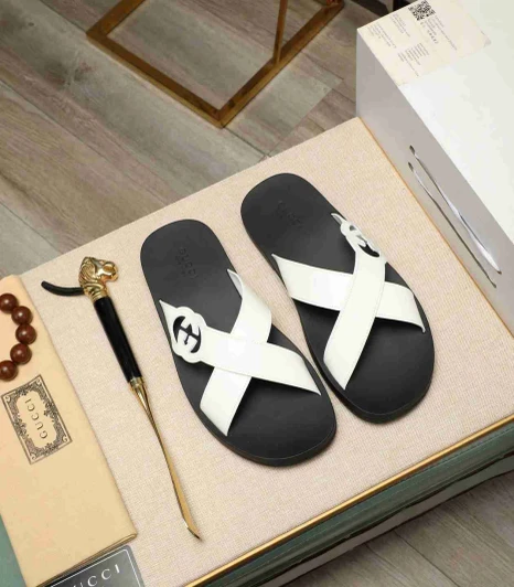 Gucci Slides White Leather Cross Strap Logo