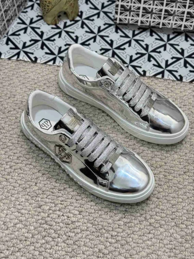 Philipp Plein Sneakers Silver Metallic Leather Lace-Up Philipp Plein Sneakers Silver Metallic Leather Lace-Up