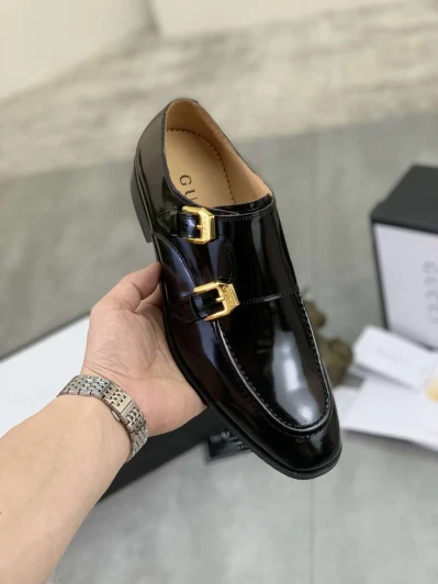 Gucci Monk Strap Shoes Black Leather Double Buckle