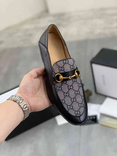 Gucci Loafers Black Leather Monogram Horsebit Detail