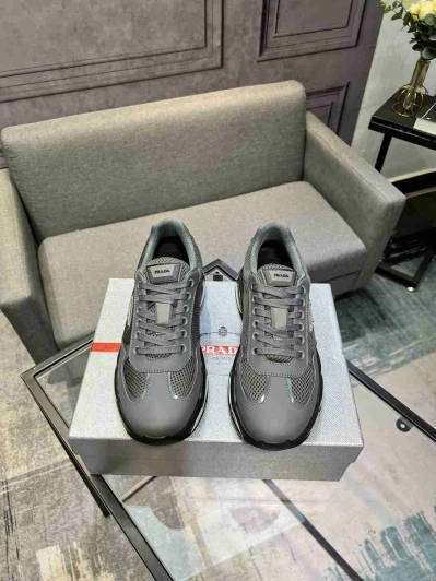 Prada Men's Grey Leather Mesh Sneakers