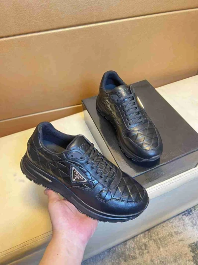 Prada Men's Low Top Sneakers Black Leather Quilted Detail
