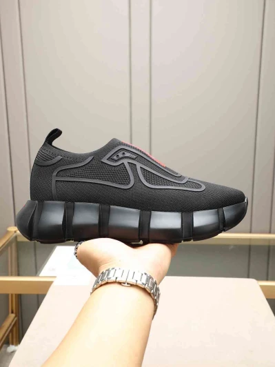 Prada Men's Black Knit Slip-On Sneakers With Red Detail