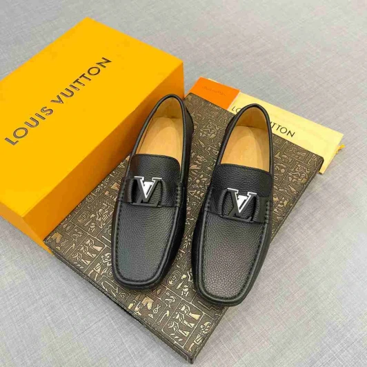Louis Vuitton Black Leather Loafers With Silver Buckle