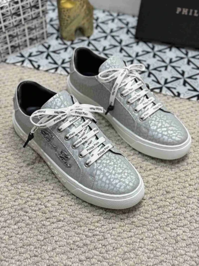 Philipp Plein Sneakers Silver Leather Lace-Up Logo Detail