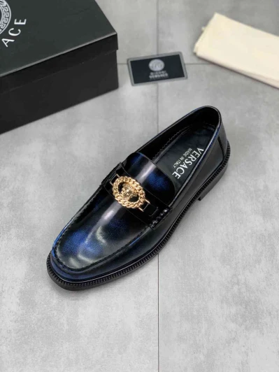 Versace Men's Black Leather Loafers With Gold Medusa Buckle