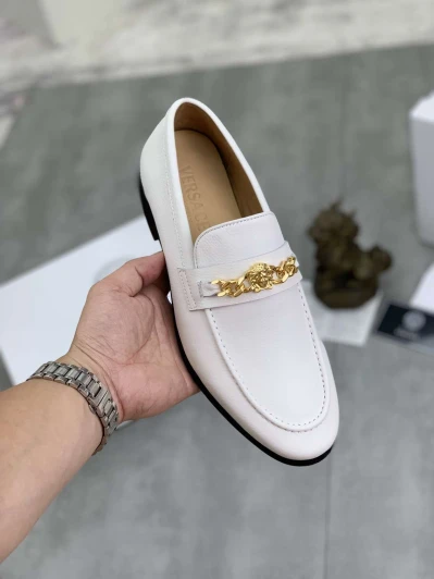 Versace White Leather Loafers With Gold Chain Detail