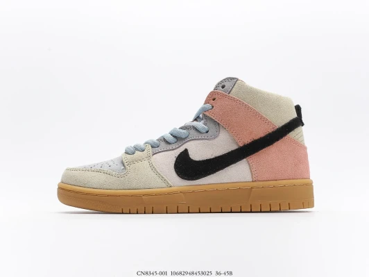 Nike SB Dunk High Top Suede Sneakers Light Grey Pink Black Gum Sole Nike SB Dunk High Top Suede Sneakers Light Grey Pink Black Gum Sole