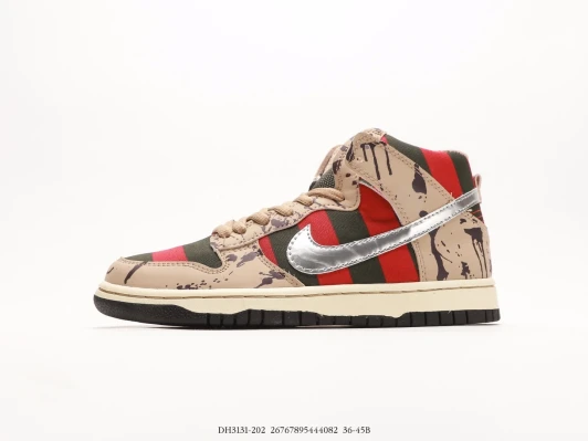 Nike Dunk High Top Sneakers Tan Red Green Stripe Splatter DH3131-202