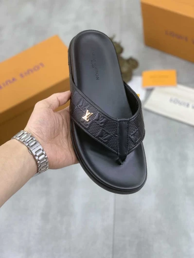 Louis Vuitton Thong Sandals Black Embossed Leather With Gold Logo