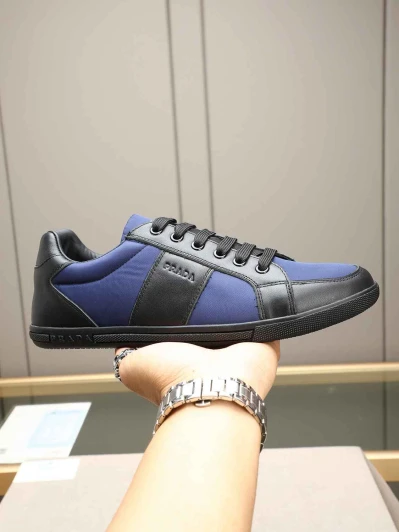 Prada Sneakers Blue Leather Nylon Lace-Up Low-Top
