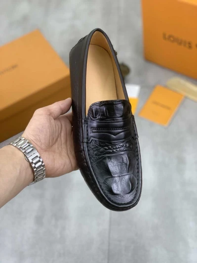 Louis Vuitton Black Leather Crocodile Embossed Loafers