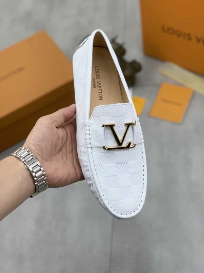 Louis Vuitton Driving Loafers White Embossed Leather With V Buckle
