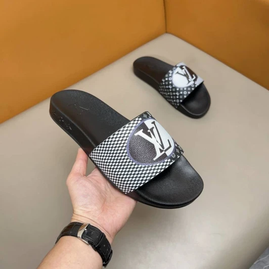 Louis Vuitton Slides Black White Checkered Pattern Leather