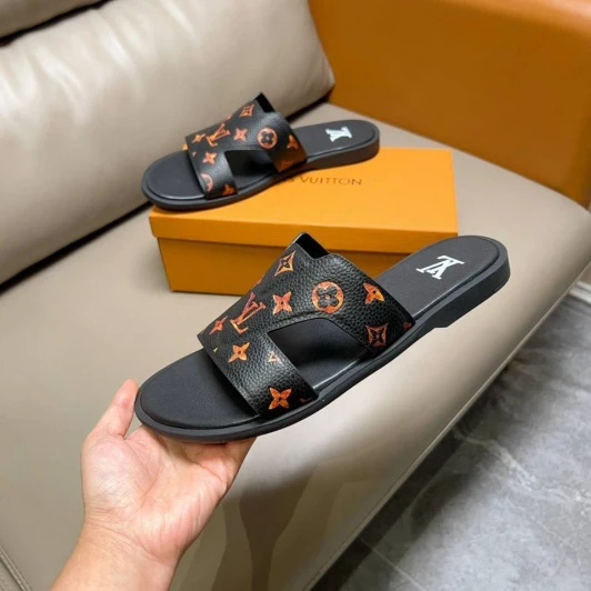 Louis Vuitton Slides Black Orange Monogram Leather