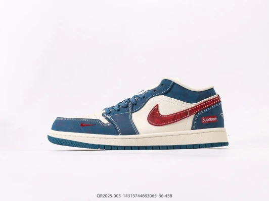 Jordan 1 Low Sneakers White Blue Red Leather Supreme Logo QR2025-003