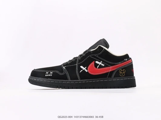 Nike Air Jordan 1 Low Black Suede Red Swoosh Kaws Detail QG2025-004