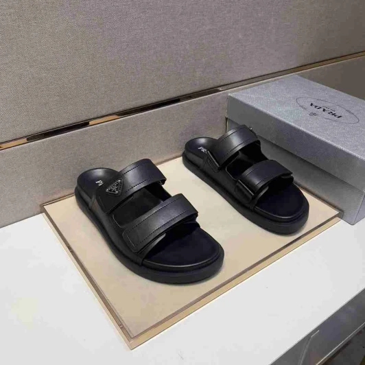 Prada Sandals Black Leather Double Strap With Logo